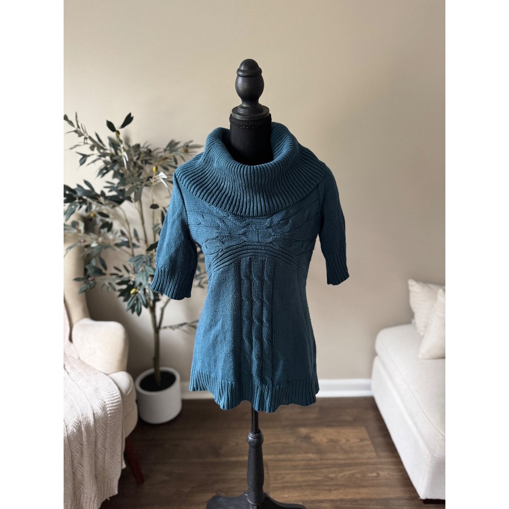 Apt. 9 Teal Blue Cable Knit Cowl Neck Short Sleeve Sweater Size Small